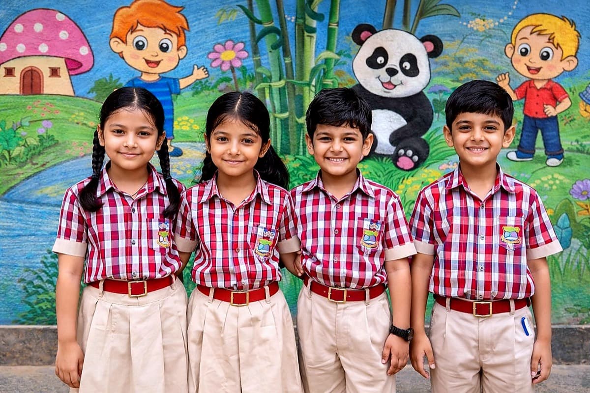 Four Naaz primary students in checked uniforms outside a painted classroom mural